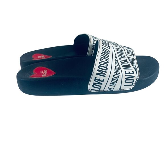 Moschino womens flat shoe logo band slide backless Size 7.5 - Picture 2 of 5